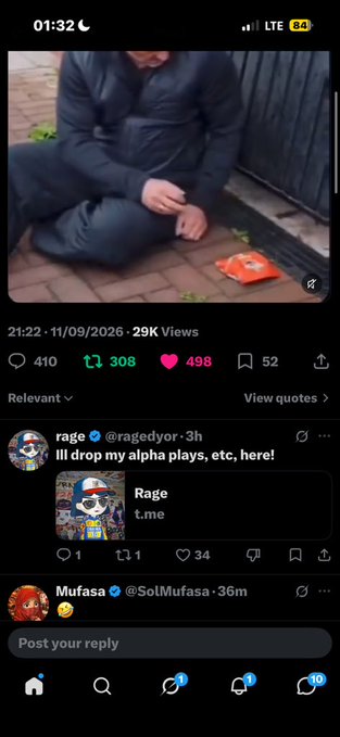 A mobile screenshot of a social media feed showing a video post with 308 reposts and 498 likes, with a reply from 'rage' (@ragedyor) saying 'Ill drop my alpha plays, etc, here!'
