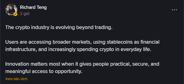 A post by Richard Teng discussing the crypto industry's evolution beyond trading and the growing role of stablecoins.