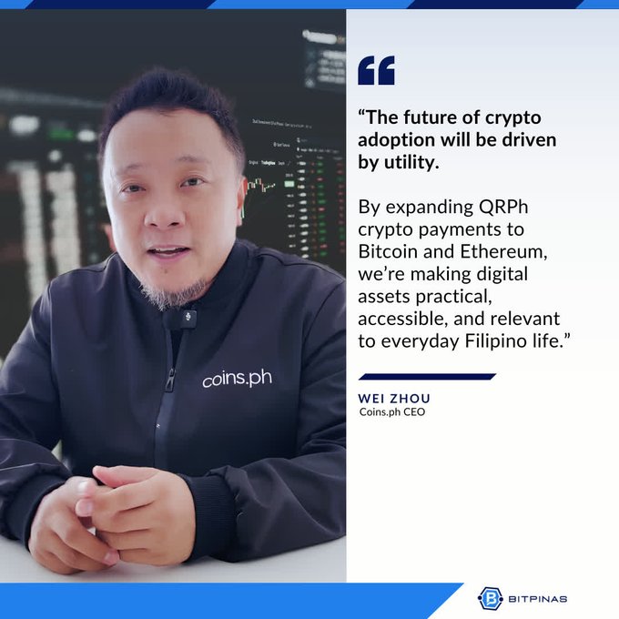 The image features a man sitting at a desk, wearing a black jacket with white text that says "Coins CEO Wei Zhou's statement as the users of the locally licensed crypto exchange can now pay BTC and ETH via QRPh, aside from stablecoins USDT and USDC". The man is smiling for the camera. In the background, there are computer screens displaying various data points related to cryptocurrency trading.