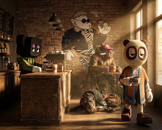 A digital illustration of a cozy cafe scene featuring a panda-like character in a knit hat holding a 'Gm' coffee cup, a soldier character also holding a cup, and a graffiti mural of a character with sunglasses on a brick wall.