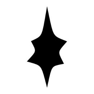 A simple black silhouette logo or icon depicting an abstract, pointed star-like shape with curved sides on a white background.