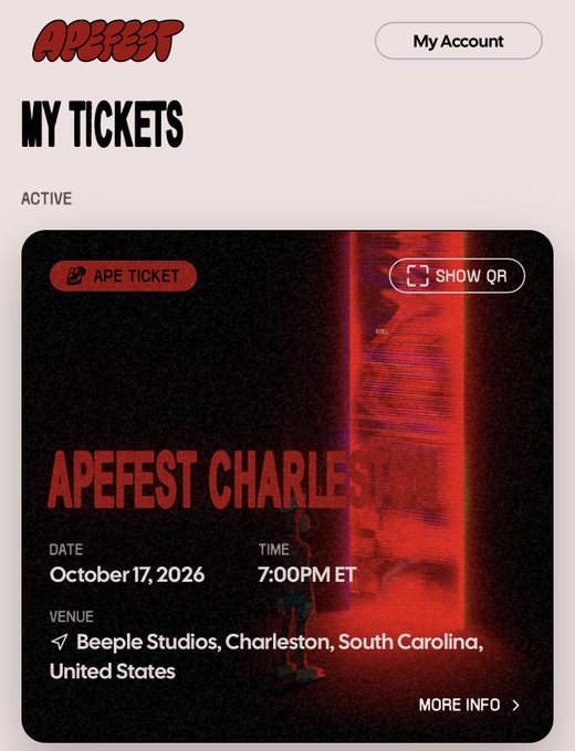 A mobile ticket confirmation screen from APEFEST for an active 'APE TICKET' to APEFEST CHARLESTON on October 17, 2026, at 7:00PM ET at Beeple Studios, Charleston, South Carolina.
