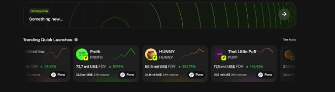 The image shows a dark-themed interface titled "Trending Quick Launches" featuring meme tokens like Froth (FROTH), HUNNY, and That Little Puff (PUFF) with their FDVs and 24H volumes, alongside an "Only on pump" tag and a "Coming soon: Something new..." banner. The image relates to the post by previewing Uniswap's new "memescope" feature for viewing trending meme tokens launched via the platform.