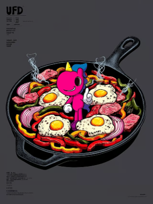 A vibrant illustration features a pink unicorn character standing in a cast-iron skillet filled with fried eggs, peppers, onions, and meat, with "UFD" prominently displayed in the top left corner—matching the post's "$UFD" ticker reference for an apparent cooking-themed promotion.