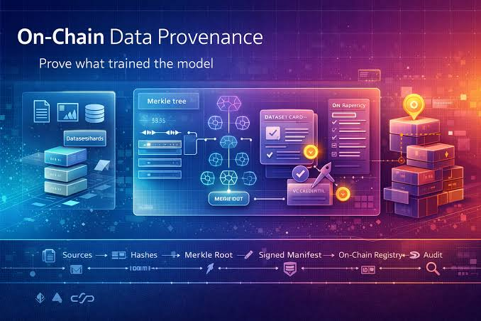 The image titled "On-Chain Data Provenance: Prove what trained the model" illustrates a workflow for verifying AI training data through sources, hashes, a Merkle tree, signed VC credentials, and an on-chain registry audit. It directly supports the post by visualizing how Axis Robotics uses blockchain-based cryptographic tracking to ensure AI training datasets are authentic and traceable rather than unverified copies.