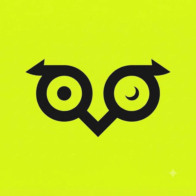 A bright yellow-green graphic featuring a stylized black logo of two owl-like eyes with arrows on top and a heart-shaped base, likely a brand or token logo.