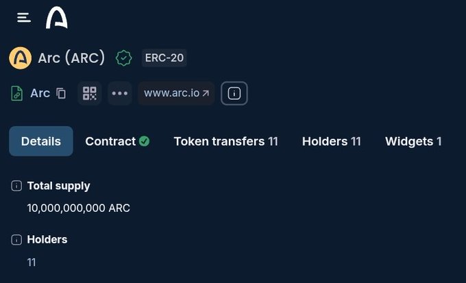 A desktop view of the Arc (ARC) ERC-20 token details page showing 10,000,000,000 total supply, 11 holders, and 11 token transfers.