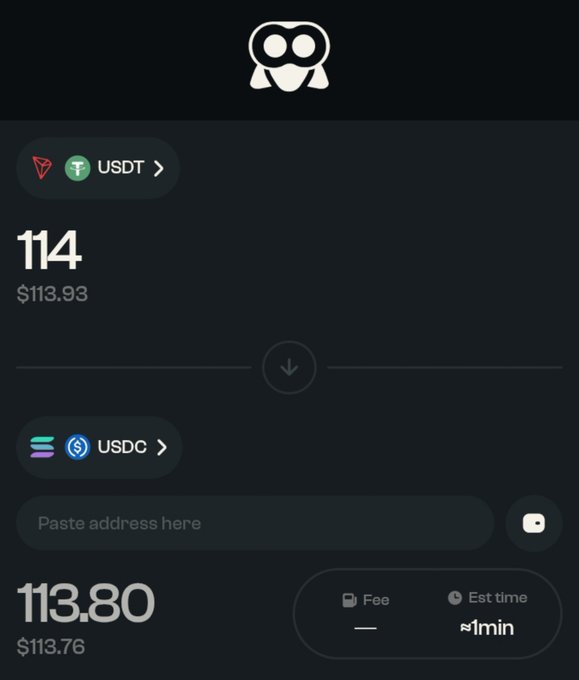A screenshot of a cryptocurrency exchange app showing a swap interface from USDT (114) to USDC (113.80) with the owl logo of the app at the top.