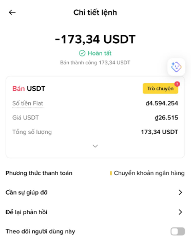 A Vietnamese mobile app screen showing order details ('Chi tiết lệnh') for a completed USDT sale of 173.34 USDT at a rate of ₫26,515, with payment via bank transfer.