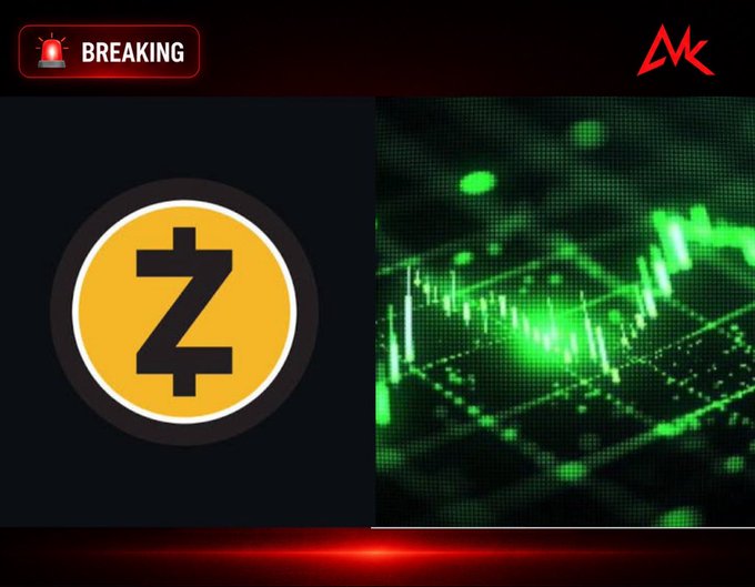 A breaking news graphic featuring the Zcash (Z) cryptocurrency logo alongside a green stock chart visualization, with 'BREAKING' text and an MK logo in the corners.