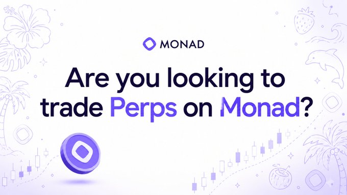 A Monad promotional banner asking 'Are you looking to trade Perps on Monad?' featuring the Monad logo and decorative tropical and trading-themed illustrations.