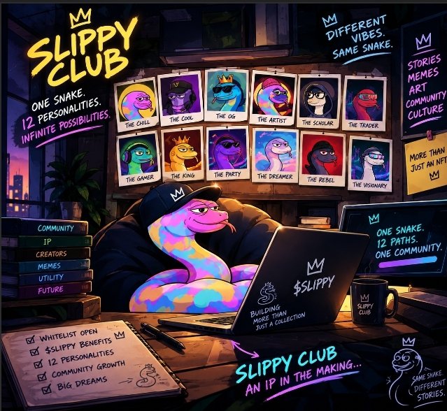 A promotional illustration for the "Slippy Club" NFT project featuring a colorful snake character wearing a cap and working on a laptop, surrounded by a wall of 12 personality-themed snake portraits like "The Chill," "The OG," and "The Rebel," with text highlighting community, memes, and utility.
