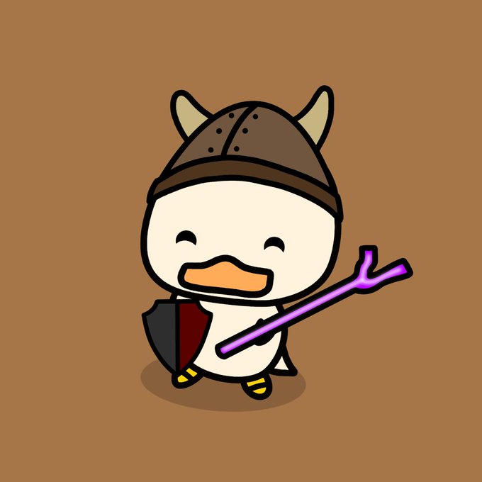 A cute cartoon duck character wearing a Viking helmet and holding a glowing purple trident and a shield, set against a brown background.