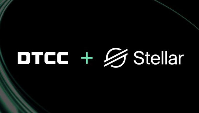 The image features a logo for the cryptocurrency Stellar, which is displayed against a black background with white text. The text "DTCC + STELLAR" is written below the Stellar logo, indicating that the two are combined into one tokenization platform.