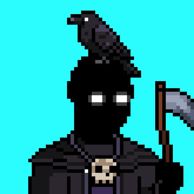 A pixel art style image depicting a dark, shadowy grim reaper figure with glowing white eyes, wearing a pointed hat and dark robes with a skull emblem, holding a scythe against a bright cyan background.