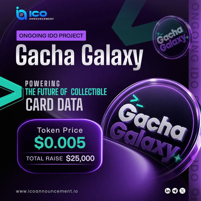 ICO Announcement promotes the ongoing Gacha Galaxy ($GG) IDO, highlighting a $0.005 token price and a $25,000 total raise for their blockchain-powered collectible card data ecosystem.