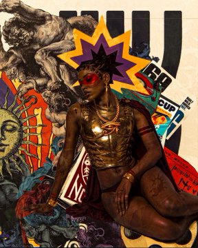 A colorful, detailed illustration featuring a dark-skinned woman adorned with gold jewelry, seated amidst various symbolic elements, animals, and a cup with 'UP' visible.