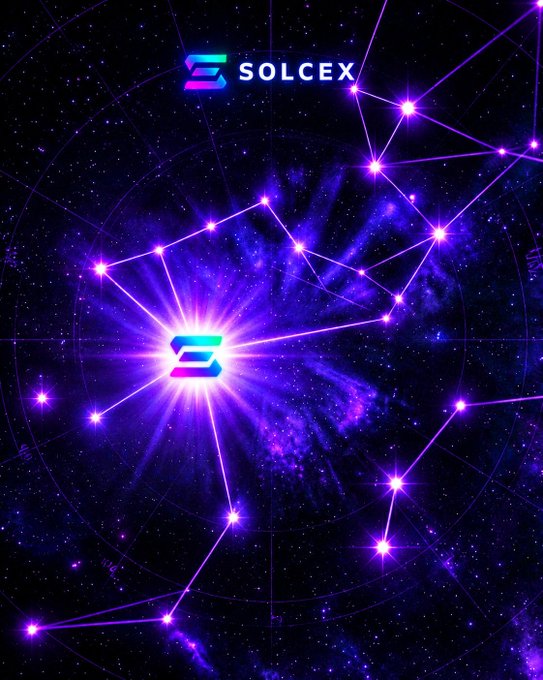 A digital artwork with a deep blue and purple cosmic theme featuring constellations, with the 'SOLCEX' logo and name displayed at the top center.