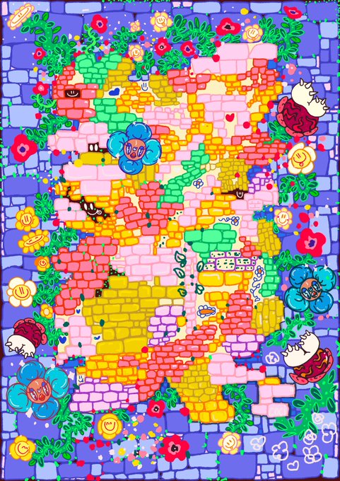 Colorful street art depicting a textured brick wall mural with pastel-colored faces, roses, and flowers surrounding a central face design.