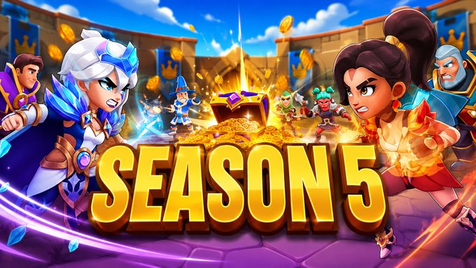 A colorful promotional graphic for a video game featuring cartoon-style fantasy characters, a treasure chest of gold, and the large text 'SEASON 5'.