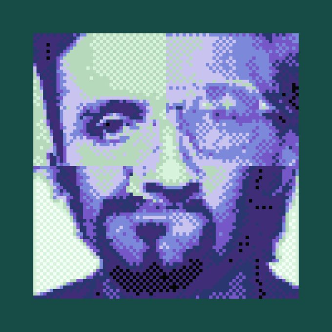 Pixelated portrait in purple and green tones of a bearded man with a glowing eye and dotted patterns on the right side.