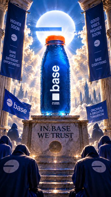 A promotional image for 'base' featuring a large blue bottle with orange cap on a pedestal inscribed 'IN BASE WE TRUST', flanked by banners reading 'HIGHER SOON', 'GOOD VIBES HIGHER SOON', 'SAME JUICE DIFFERENT OPPORTUNITIES', and 'BASE EVERYTHING', with hooded figures gathered below.