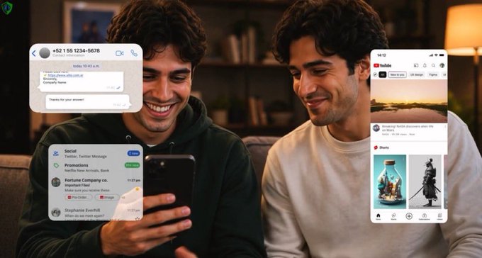 Two young men laugh while looking at a smartphone, surrounded by floating app interface screens displaying messages, notifications, and a YouTube feed.