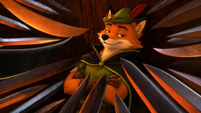 An animated fox wearing a green Robin Hood-style hat and cape smiles smugly while surrounded by a circular array of pointed blades. The image humorously pairs with the caption by suggesting that even voicing the unpopular opinion that $FOX is the perfect Robinhood mascot could land a person in a similarly dangerous situation.