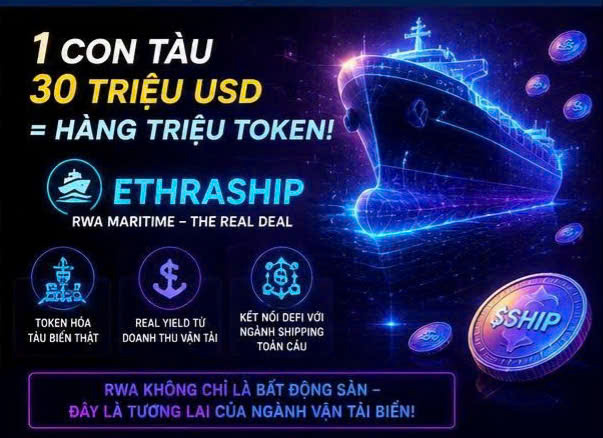 Vietnamese promotional graphic for ETHRASHIP ($SHIP) RWA Maritime project, claiming "1 TÀU = 30 TRIỆU USD = HÀNG TRIỆU TOKEN!" with tokenization, real yield, and global shipping network features.