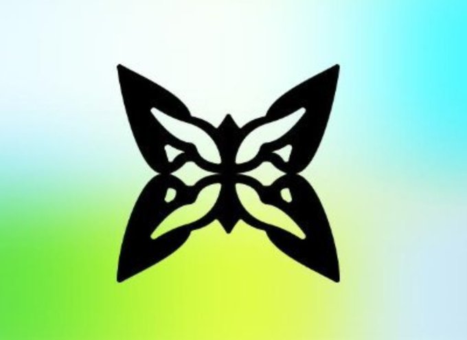 A black symmetrical butterfly logo with intricate cut-out patterns sits against a gradient background of green, yellow, and light blue.