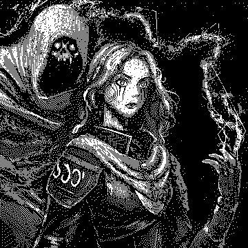 A black and white detailed illustration depicts a young woman with a distressed expression and a shadowy skull-faced figure looming behind her.