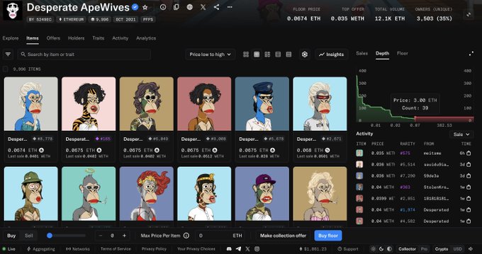 A screenshot of the OpenSea NFT marketplace showing the 'Desperate ApeWives' collection, with a floor price of 0.0674 ETH, 835 METH total volume, and a grid of Bored Ape-style NFT characters displayed.