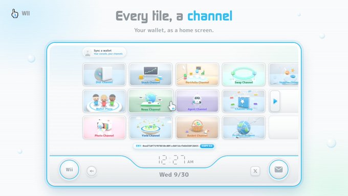 A Wii system menu screenshot showing the tagline 'Every file, a channel' with the description 'Your wallet, as a home screen,' displaying various channel tiles like Mii Channel and Photo Channel on a date of Wed 9/30 at 12:27 AM.