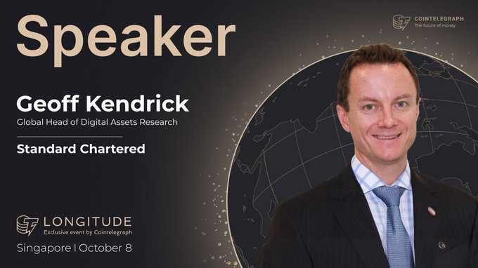 Promotional graphic for Cointelegraph's LONGITUDE event in Singapore on October 8, featuring speaker Geoff Kendrick, Global Head of Digital Assets Research at Standard Chartered, shown smiling in a suit and tie against a dark globe background.