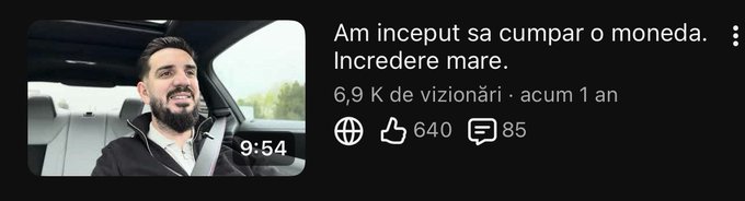A YouTube video thumbnail features a bearded man in a car, with Romanian text reading 'Am inceput sa cumpar o moneda. Incredere mare.' and view statistics showing '6,9 K de vizionări'.
