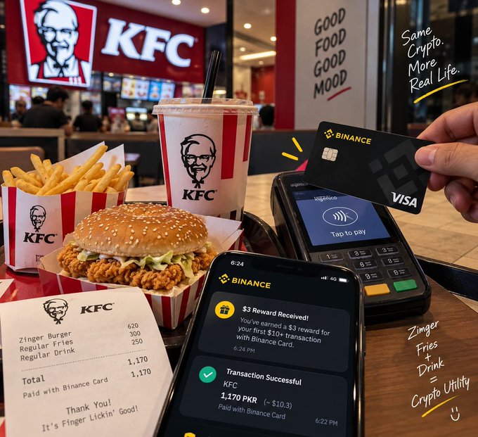 The image shows a KFC meal—a Zinger Burger, fries, and drink—being paid for with a Binance Visa card via tap-to-pay at the register, accompanied by a phone displaying a "$3 Reward Received" for a Binance Card first transaction and a "Transaction Successful" confirmation for 1,170 PKR (~$10.3). This visually illustrates the post's main point: using the Binance Card to pay directly at a merchant while earning a crypto rewards bonus, demonstrating real-world crypto utility with "Good Food, Good Mood."