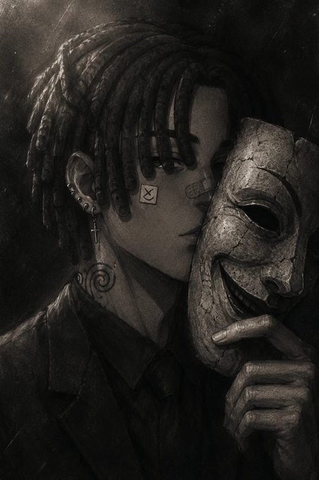 A grayscale illustration depicts a person with braided hair, a cross earring, and an X marking on their cheek, holding up a cracked theatrical mask.