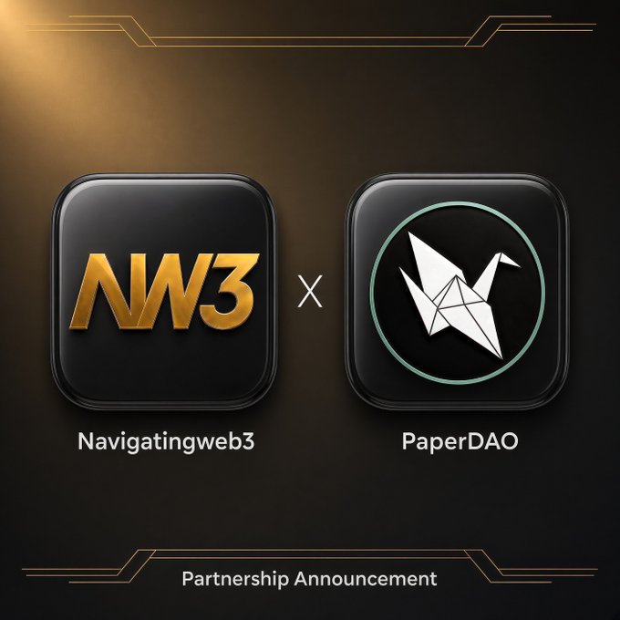 A partnership announcement graphic between Navigatingweb3 (NW3) and PaperDAO, featuring their logos side-by-side with a "Partnership Announcement" banner, promoting the PaperDAO launch on daosdotworld's RH platform.
