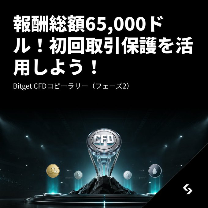 The image features a trophy with the words "CFD Copy Rally" written on it, surrounded by four coins. The text also includes Japanese characters that translate to "CFD Copy Rally", indicating that this is an event related to CFD copy trading. The post mentions three prize pools and their respective amounts, which are up to 50 US dollars each for the first 500 participants.