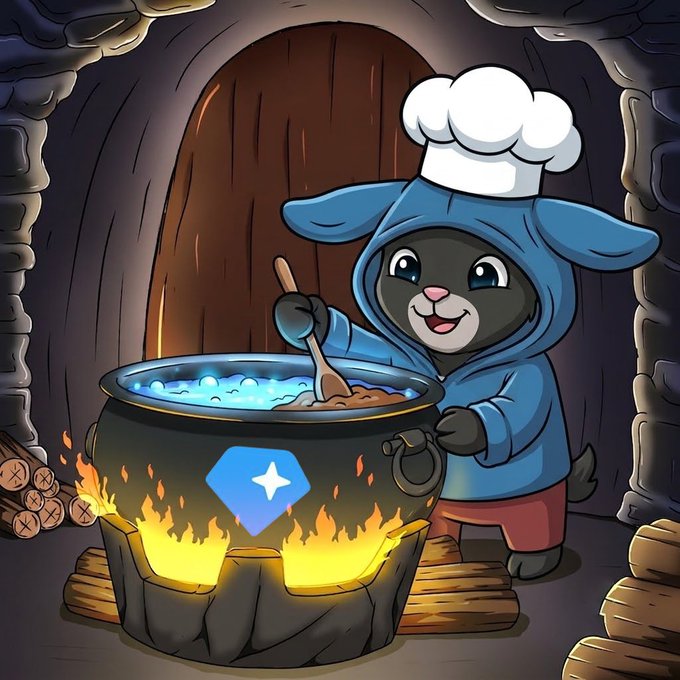 The image features a cartoon character, possibly a cat or a dog, wearing a chef's hat and a blue hoodie while cooking food inside an oven. The oven has a fire burning underneath it, which adds to the overall atmosphere of the scene. The caption for this image reads "Cooking the next GRAM giga pump... #durov #meme #gram $ton".