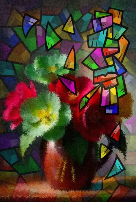 A vibrant, abstract painting depicting flowers rendered in a mix of soft watercolor-like textures and sharp, colorful geometric shapes.