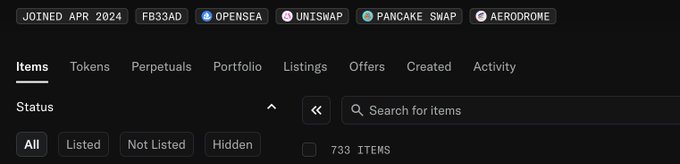 The image displays an OpenSea profile page featuring labels like "JOINED APR 2024," "FB33AD," "Uniswap," "PancakeSwap," and "Aerodrome." It shows the "Items" tab is active and lists "733 ITEMS."