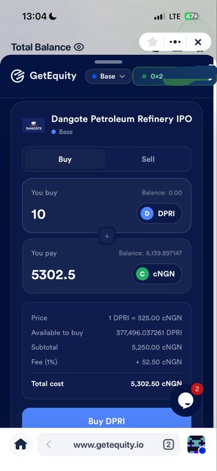 Mobile screenshot of GetEquity app showing a buy order interface for the Dangote Petroleum Refinery IPO (DPRI) on the Base network, with 10 shares priced at 525 cNGN each for a total cost of 5,302.50 cNGN.