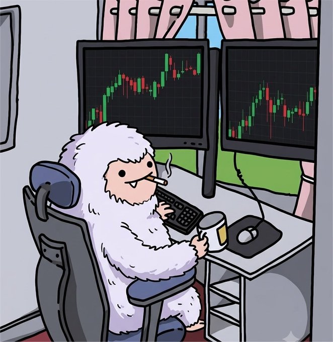A cartoon yeti or fluffy white creature sits in an office chair smoking a cigarette while holding a remote, with two monitors behind it displaying green and red stock market candlestick charts.
