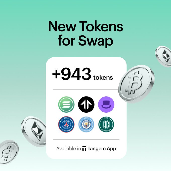 A promotional graphic for the Tangem App announces 'New Tokens for Swap' with '+943 tokens,' featuring floating Bitcoin and Ethereum coins alongside various cryptocurrency logos including BTT and PSG fan tokens.