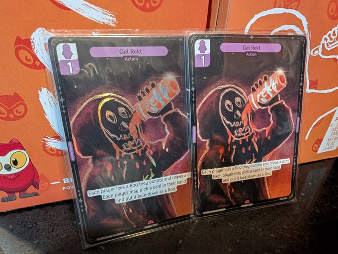 Two "Get Rekt" action cards from a board game featuring skeletal artwork and text explaining gameplay involving Rod cards.