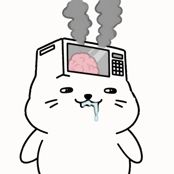 A cartoon drawing of a white cat-like character with a microwave for a head, showing a pink brain inside, dripping drool, with gray smoke rising from the top.