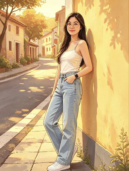 An anime-style illustration of a young woman with long dark hair, glasses, a white tank top, and light blue jeans leaning against a yellow wall on a sunlit cobblestone street.