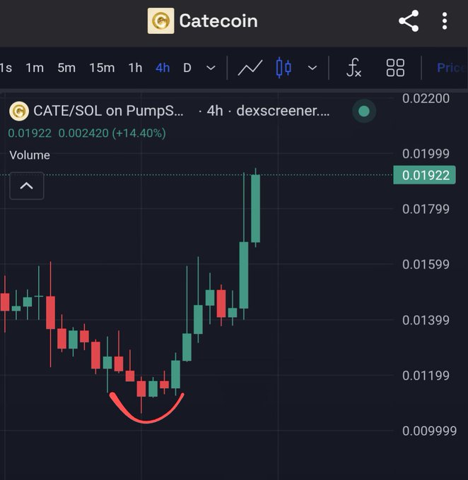 A candlestick chart on CATE/SOL via Dexscreener showing a +14.40% gain, with a hand-drawn smiley face highlighting the bottom of the dip pattern.