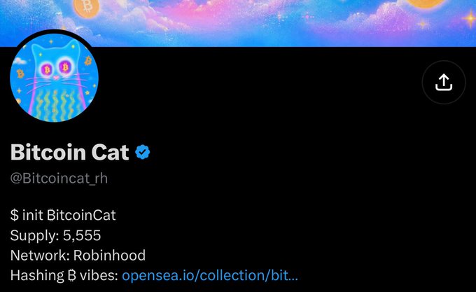 A Twitter profile for "Bitcoin Cat" (@Bitcoincat_rh) is displayed, showing a supply of 5,555 on the Robinhood network, with the accompanying post humorously commenting on the project's switch from a free mint to a paid mint during the minting process.